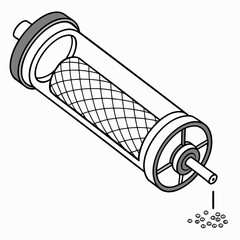 Illustration of a water filter cartridge with a mesh screen, designed to remove sediment and impurities from water, isolated on