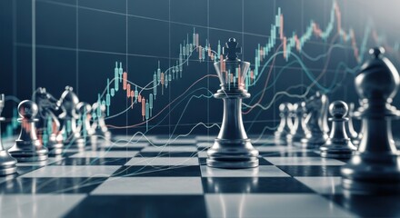 A chess board with a black king and pawns on a dark background with a stock market graph.