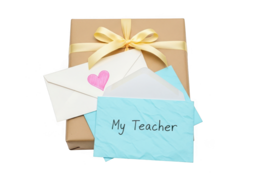 A gift box with a yellow ribbon, envelopes, and a note that says my teacher, isolated on transparent background - Powered by Adobe