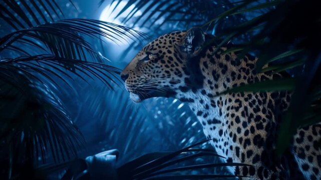 Cinematic stealth leopard standing alert in deep blue moonlit jungle foliage environment, dramatic wildlife night scene highlighting predator focus intensity, mysterious rainforest survival concept do