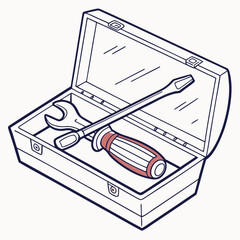 Illustration of a toolbox with a screwdriver and wrench inside, representing tools, repair, maintenance, and construction, isolated on