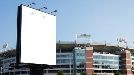Standing vertical black outline billboard with clear white display outside a football stadium,