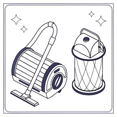Isometric illustration of a vacuum cleaner and dust collector, isolated on, showcasing cleaning equipment in a simple and modern design