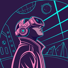 A person wearing vr glasses immersed in a futuristic world with neon lights, exploring digital landscapes and virtual realities, isolated on