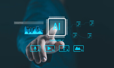 A futuristic concept of artificial intelligence generation showing a hand interacting with a digital AI interface, highlighting data analytics, automation, and modern technology innovation.