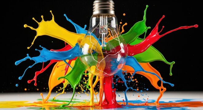 A light bulb with colorful paint splashes around it. - Powered by Adobe
