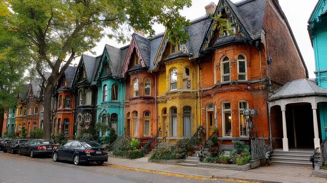 Colorful Victorian Houses in Toronto, Canada: A Row of Vibrant Painted Homes on a Residential Street with Parked Cars.