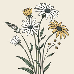 A delightful arrangement of wildflowers, showcasing daisies and golden blossoms, all rendered in a charming handdrawn style against a serene, neutral backdrop