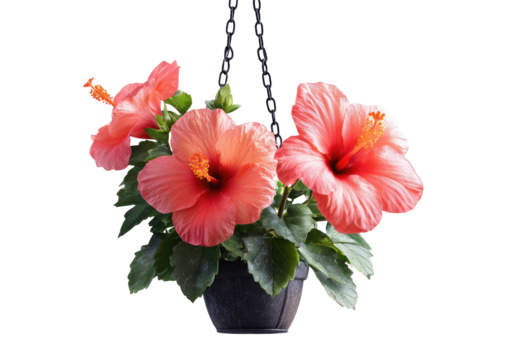 Three coral hibiscus flowers bloom in a hanging basket, isolated against a black background