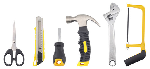 A set of essential hand tools including scissors, a utility knife, screwdriver, hammer, adjustable...