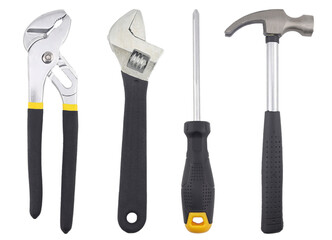 A set of essential hand tools including groove joint pliers, an adjustable wrench, a screwdriver, and a claw hammer displayed on a white background, representing repair work, DIY projects,