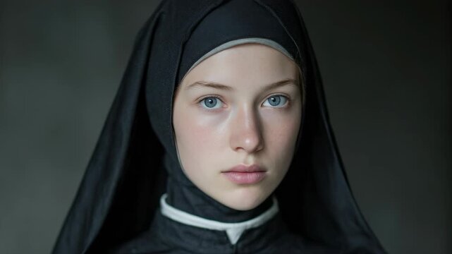 Portrait of a Young Nun with Blue Eyes, Wearing a Traditional Black Habit, Against a Dark Background, Religious Vocation and Spirituality