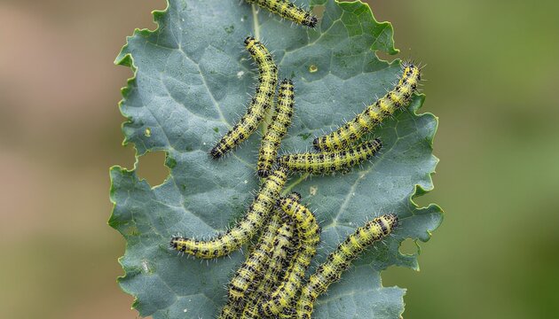 Cabbage white butterfly caterpillars feasting on vibrant green leaf in garden setting ready for metamorphosis