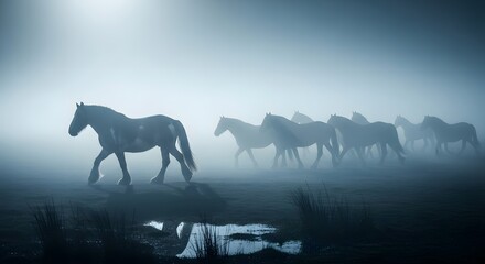 A herd of horses walking through a foggy landscape during early morning with mist and tranquil atmosphere