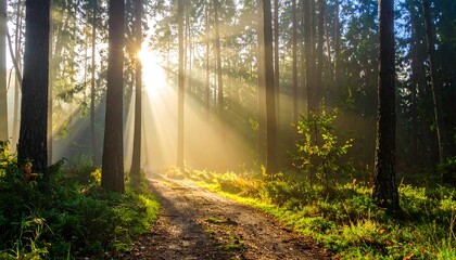 Fototapeta premium Sunlight filtering through the trees in a lush forest.