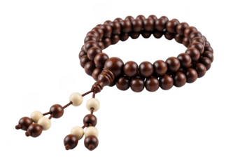 Mala beads bracelet made of dark wood and light wood beads, isolated on transparent background