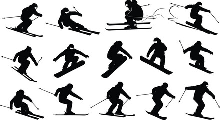 Skiing and snowboarding silhouettes, winter sports action, dynamic poses, alpine athletes, extreme snow adventure, black vector icons