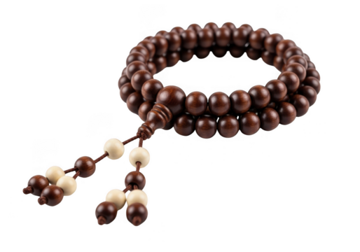 Mala beads bracelet made of dark wood and light wood beads, isolated on transparent background