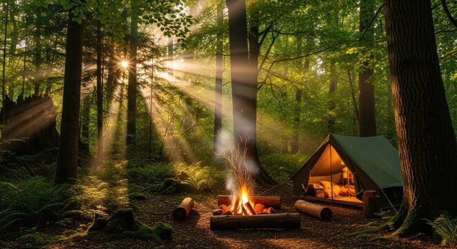 A cozy tent in a dense forest with a campfire burning, surrounded by tall trees and a beautiful sunlit forest floor.