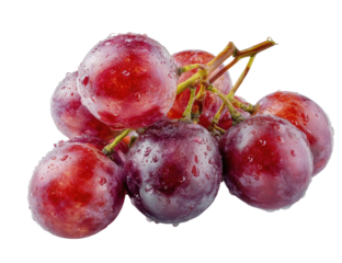 A close-up of a bunch of glossy, water-droplet-covered red grapes on a black backdrop
