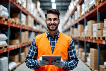 Smiling warehouse worker using a tablet to manage inventory in a storage facility during daytime