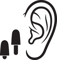 Black and white illustration of a human ear and two earplugs Keywords: ear, earplugs, hearing, sound, protection, noise, medical, health, anatomy, human body, silhouette, on transparent background