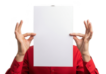 Person holding a blank white sheet of paper in front of their face, isolated on transparent background