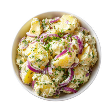 Overhead shot of creamy potato salad with red onion and parsley in a white bowl