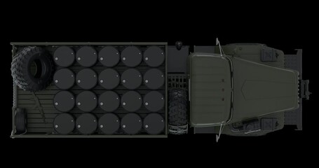 Speeding loop animation of a military cargo truck moving continuously, creating a seamless forward motion effect. Perfect for motion graphics, technical scenes, and dynamic visuals.