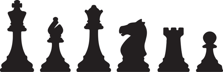 Black Silhouette Icons of Chess Pieces King Queen Bishop Knight Rook Pawn game strategy on transparent background © PixelSaga MH2 