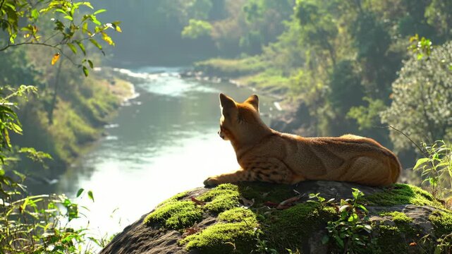 Elegant serval cat rests on mossy rock, overlooking a flowing river, forest landscape, nature, wildlife.