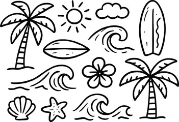 Hand drawn vector illustration set of summer icons with tropical palm trees, beach, sun, and sea for travel design