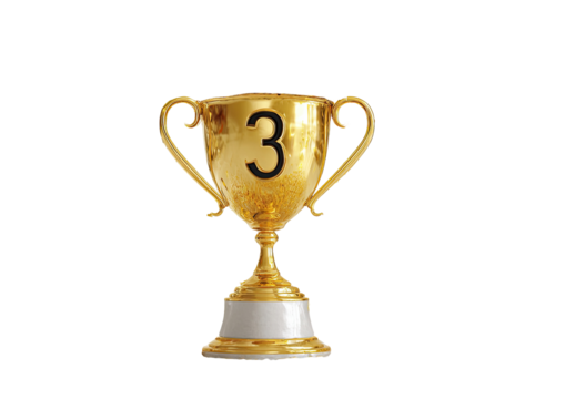 A gleaming golden trophy with a "3" on the front, standing on a white base, isolated on black