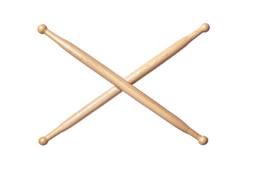 Two wooden drumsticks crossed on a black background, creating an "X" shape