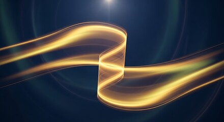 Abstract glowing golden ribbon flowing dynamically against a dark blue background with light flares
