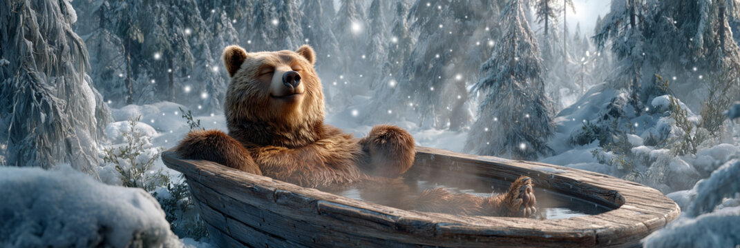 A Hyper-realistic brown bear relaxing in a rustic wooden hot-tub in a snowy forest, enjoying a luxurious spa-like winter retreat with steam and joy. Generative Ai.