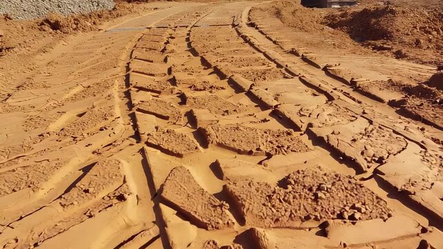 Heavy Equipment Tire Tracks in Red Clay Soil, Construction Site, Industrial Footprint, Environmental Impact, Textured Ground