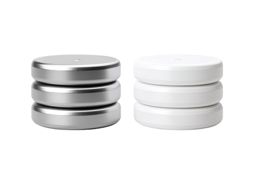 Two sets of silver and white cylindrical objects stacked on a black background