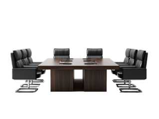 A dark wood boardroom table with leather chairs arranged for a meeting