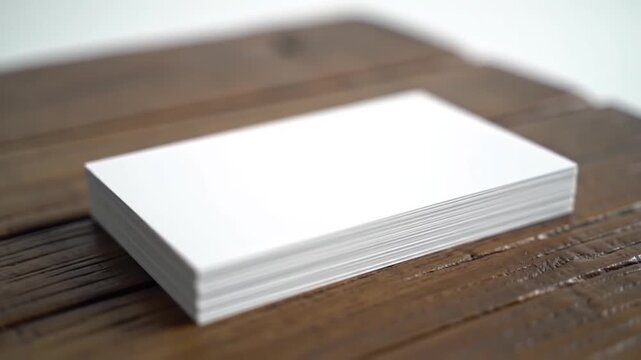 Aesthetic White Business Cards Stacked on Rustic Wooden Table with Soft Focus and Minimalist Style