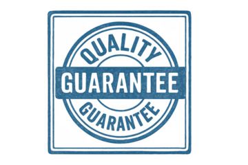 Blue textured quality guarantee rubber stamp impression, with text in a rectangular and circular shape, on a transparent background