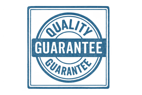 Blue textured quality guarantee rubber stamp impression, with text in a rectangular and circular shape, on a transparent background
