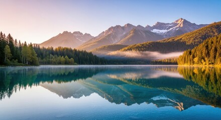 A serene mountain lake with a reflection of the mountains in the water.