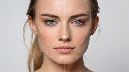 facial reshaping A close-up of a woman's face with facial mapping lines for analysis or technology.