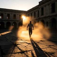 A solitary person walking through an ancient courtyard during sunset with long shadows and warm golden light illuminating the scene