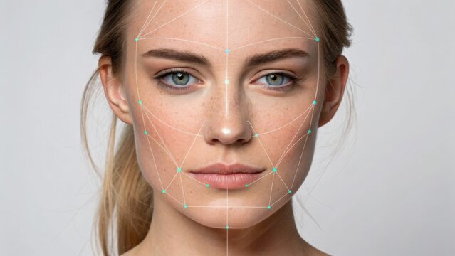 facial reshaping A close-up of a woman's face with facial mapping lines for analysis or technology.