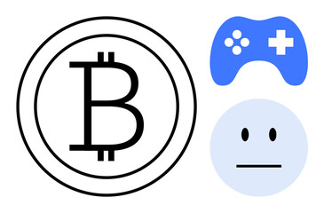 Bitcoin coin logo, blue gaming controller, and a neutral face emoticon. Ideal for cryptocurrency, gaming, finance, digital assets, blockchain virtual economy and technology connection. Simple flat