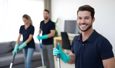  clean office, professional team of window and floor cleaning service workers in dark navy polo shirts and pastel teal gloves vacuuming white floors