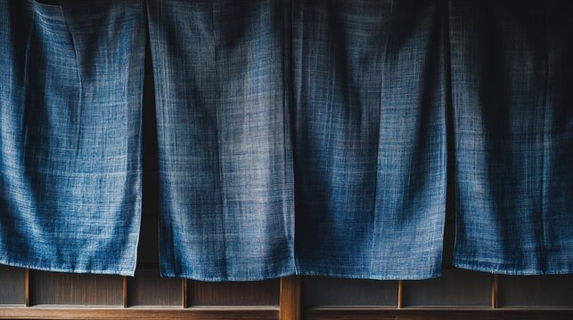 noren. A traditional indigo-dyed fabric noren at an entrance, textile texture with natural folds. event programs, museum guides, designed for cultural heritage projects and event programs.