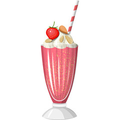 Pixel Art Strawberry Milkshake With Whipped Cream Almonds And Red Striped Straw Transparent Background